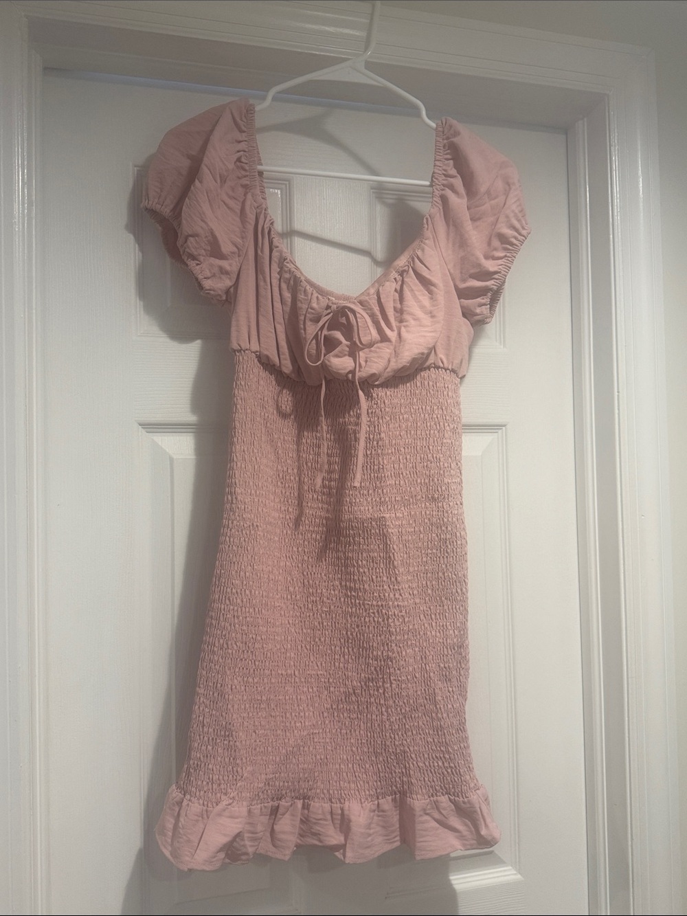 Smocked Pink Puff-Sleeve Mini Dress